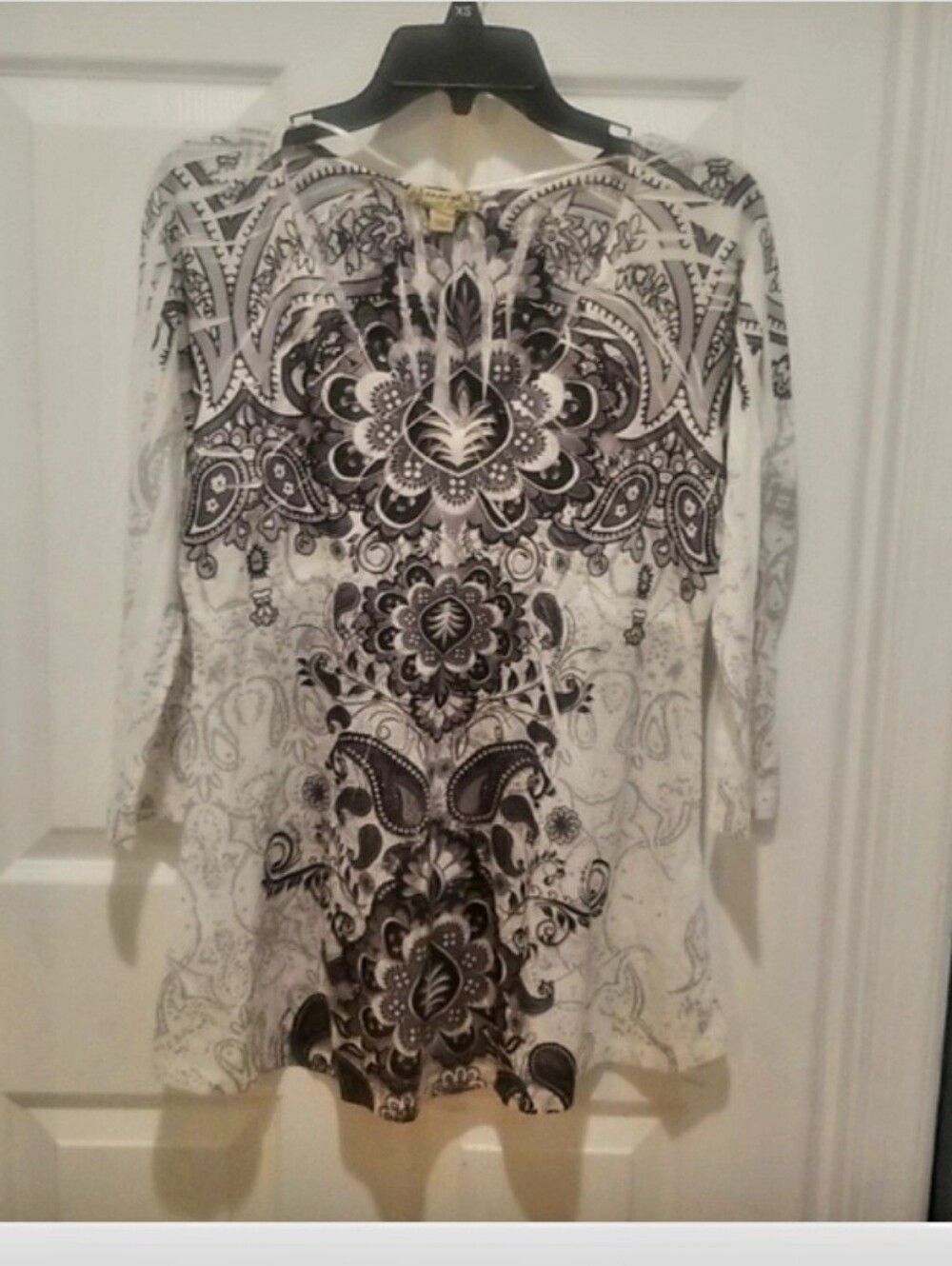 Women's Geometric Floral Boho Vintage Art Noveau Black White Blouse Shirt Top L